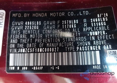 2021 Honda Clarity Plug-In Hybrid from USA, damaged, VIN JHMZC5F18MC000827